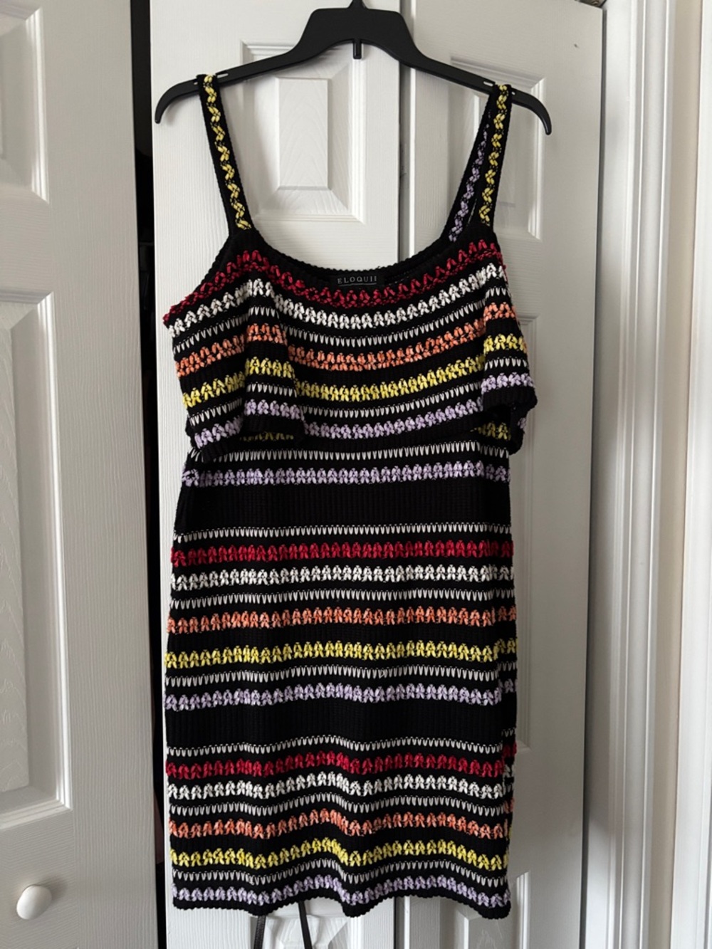 Eloquii Black Knit Dress with Multicolor Stripes and Ruffle